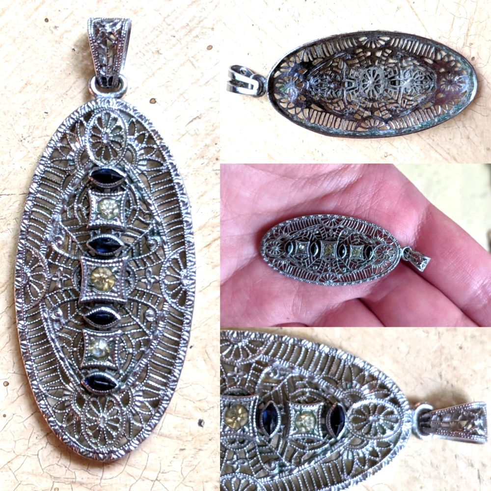 Vintage Art Deco Silver Filigree Paste Pendant